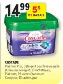 Familiprix CASCADE, Platinum Plus, Dishwasher detergent, 30 pacs, Platinum, 39 or Complete, 45 sachets offer