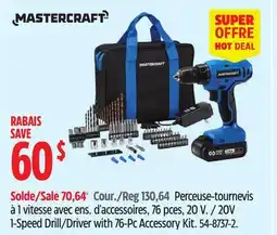 Canadian Tire Mastercraft 20V 1-Speed Drill/Driver with 76-Pc Accessory Kit offer