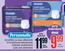 Jean Coutu Personnelle Selected incontinence pads and underwear offer