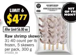 Fortinos RAW SHRIMP SKEWERS, 31-40 COUNT PER LB 5 SKEWERS PER PACK offer