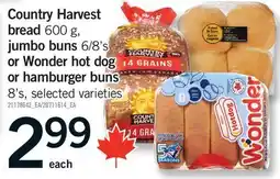 Fortinos COUNTRY HARVEST BREAD, 600 G JUMBO BUNS, 6/8'S OR WONDER HOT DOG OR HAMBURGER BUNS, 8'S offer