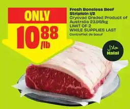 FreshCo Fresh Boneless Beef Striploin 1/2 Cryovac Graded Product of Australia 23.99/kg offer