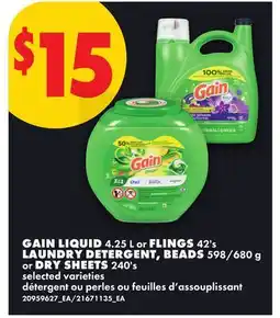 No Frills GAIN LIQUID 4.25 L OR FLINGS 42'S LAUNDRY DETERGENT, BEADS 598/680 G OR DRY SHEETS 240'S offer