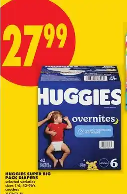 No Frills HUGGIES SUPER BIG PACK DIAPERS, SIZES 1-6, 42-96'S offer