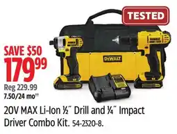 Canadian Tire DEWALT 20V MAX Li-Ion 1/2 Drill and 1/4 Impact Driver Combo Kit offer