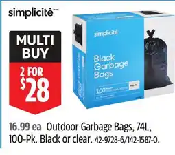 Canadian Tire Simplicité Outdoor Garbage Bags, 74L, 100-Pk offer