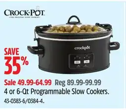 Canadian Tire Crock-Pot 4 or 6-Qt Programmable Slow Cookers offer