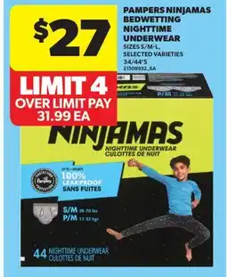 Real Canadian Superstore PAMPERS NINJAMAS BEDWETTING NIGHTTIME UNDERWEAR SIZES S/M - L, 34/44' S offer