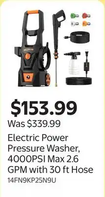 Walmart Electric Power Pressure Washer, 4000PSI Max 2.6 GPM with 30 ft Hose offer