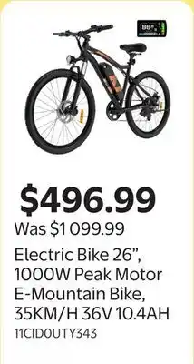 Walmart Electric Bike 26, 1000W Peak Motor E-Mountain Bike, 35KM/H 36V 10.4AH offer