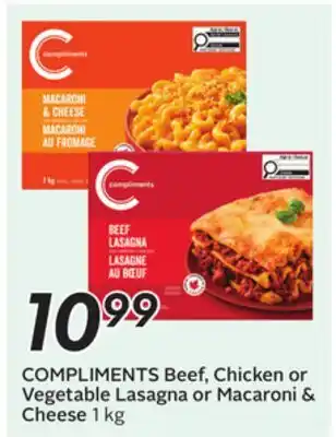 Sobeys COMPLIMENTS Beef, Chicken or Vegetable Lasagna or Macaroni & Cheese offer