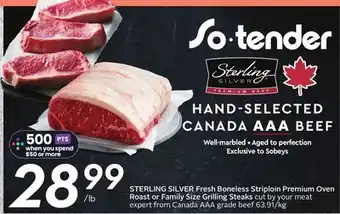 Sobeys Fresh Boneless Striploin Premium Oven Roast or Family Size Grilling Steaks offer