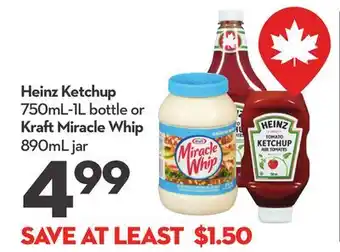 Longo's Heinz Ketchup 750mL-1L bottle or Kraft Miracle Whip 890mL jar offer