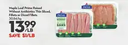 Longo's Maple Leaf Prime Raised Without Antibiotics Thin Sliced, Fillets or Diced Fillets offer