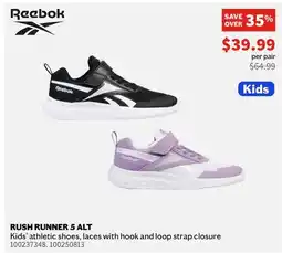 Sports Experts REEBOK RUSH RUNNER 5 ALT Kids' athletic shoes, laces with hook and loop strap closure offer