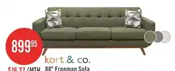 The Brick Kort & Co. Freeman 88 Linen-Look Fabric Sofa with Wood Base and Tufted Back Cushions - Avocado Green offer