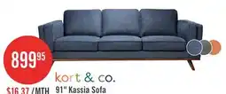 The Brick Kort & Co. Kassia 90.6 Linen-Look Fabric Sofa with Wood Base and Legs - Blue offer