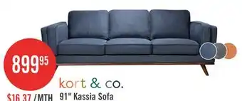The Brick Kort & Co. Kassia 90.6 Linen-Look Fabric Sofa with Wood Base and Legs - Blue offer