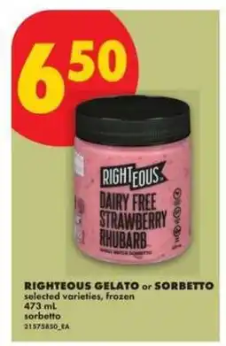 No Frills RIGHTEOUS Gelato or Sorbetto offer