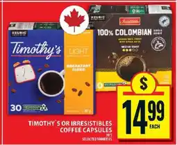 Food Basics TIMOTHY’S OR IRRESISTIBLES COFFEE CAPSULES offer