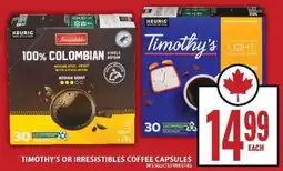 Food Basics TIMOTHY’S OR IRRESISTIBLES COFFEE CAPSULES offer