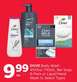 Rexall DOVE Body Wash 400ML-710mL, Bar Soap 6-Pack or Liquid Hand Wash 1L offer