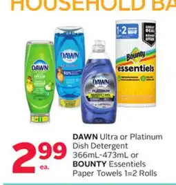 Rexall DAWN Ultra or Platinum Dish Detergent 366mL-473mL or BOUNTY Essentiels Paper Towels 1=2 Rolls offer