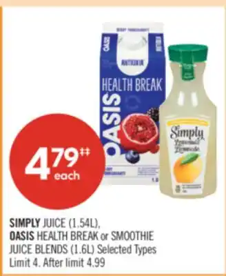 Shoppers Drug Mart SIMPLY JUICE (1.54L), OASIS HEALTH BREAK or SMOOTHIE JUICE BLENDS (1.6L) offer