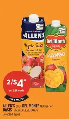 Shoppers Drug Mart ALLEN'S (1 L), DEL MONTE NECTAR or OASIS (960 mL) BEVERAGES offer