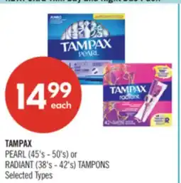 Shoppers Drug Mart TAMPAX PEARL (45's - 50's) or RADIANT (38's - 42's) TAMPONS offer