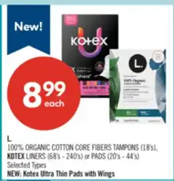 Shoppers Drug Mart 100% ORGANIC COTTON CORE FIBERS TAMPONS (18's), KOTEX LINERS (68's - 240's) or PADS (20's - 44's) offer