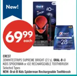 Shoppers Drug Mart CREST 3DWHITESTRIPS SUPREME BRIGHT (21's), ORAL-B iO KIDS SPIDERMAN or iO2 RECHARGEABLE TOOTHBRUSH offer