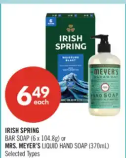 Shoppers Drug Mart IRISH SPRING BAR SOAP (6 x 104.8g) or MRS. MEYER'S LIQUID HAND SOAP (370mL) offer