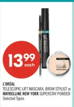 Shoppers Drug Mart L'ORÉAL TELESCOPIC LIFT MASCARA, BROW STYLIST or MAYBELLINE NEW YORK SUPERSTAY POWDER offer