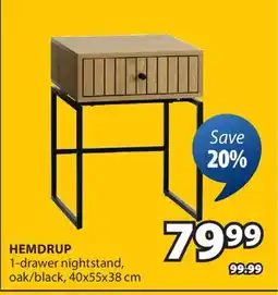 JYSK HEMDRUP 1-drawer nightstand, oak/black, 40x55x38 cm offer