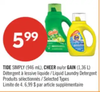 Pharmaprix TIDE SIMPLY (946 mL), CHEER or GAIN (1.36 L) Liquid Laundry Detergent offer