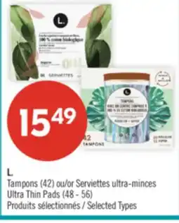 Pharmaprix L. Tampons (42) or Ultra Thin Pads (48 - 56) offer