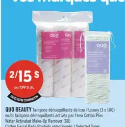 Pharmaprix QUO BEAUTY Tampons Luxury (3 x 100) or Cotton Plus Water Activated Make-Up Remover (60) offer