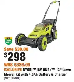 Home Depot Ryobi 18v one+ 13" lawn mower kit with 4.0ah battery & charger offer