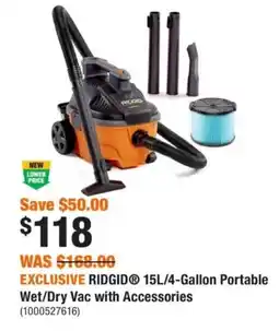 Home Depot Ridgid 15L/4-Gallon Portable Wet/ Dry Vac with Accessories offer