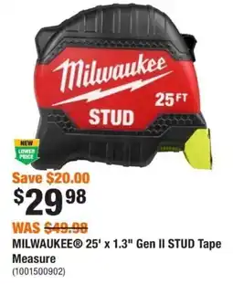 Home Depot Milwaukee 25' x 1.3" Gen II Stud Tape Measure offer
