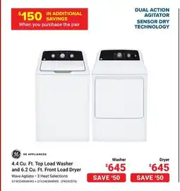 Visions Electronics GE APPLIANCES 4.4 Cu. Ft. Top Load Washer and 6.2 Cu. Ft. Front Load Dryer offer