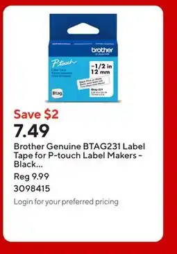 Staples Brother Genuine BTAG231 Label Tape for P-touch Label Makers - Black on White - 12 mm W x 4 m L offer