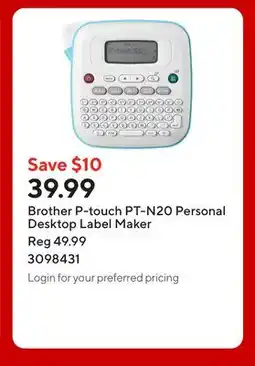 Staples Brother P-touch PT-N20 Personal Desktop Label Maker offer
