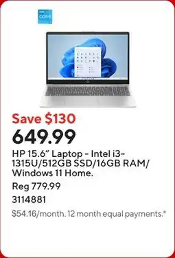 Staples HP 15.6 Laptop - Intel i3-1315U/512GB SSD/16GB RAM/Windows 11 Home offer
