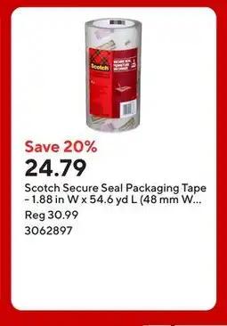 Staples Scotch Secure Seal Packaging Tape - 1.88 in W x 54.6 yd L (48 mm W x 50 m L) - 4 Roll pk offer