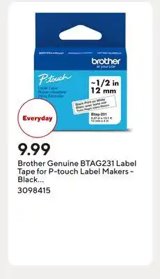 Staples Brother Genuine BTAG231 Label Tape for P-touch Label Makers - Black on White - 12 mm W x 4 m L offer