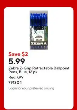 Staples Zebra Z-Grip Retractable Ballpoint Pens, Blue offer