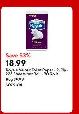Staples Royale Velour Toilet Paper - 2-Ply - 228 Sheets per Roll - 30 Rolls per Pack offer
