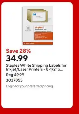 Staples Staples White Shipping Labels for Inkjet/Laser Printers - 8-1/2 x offer